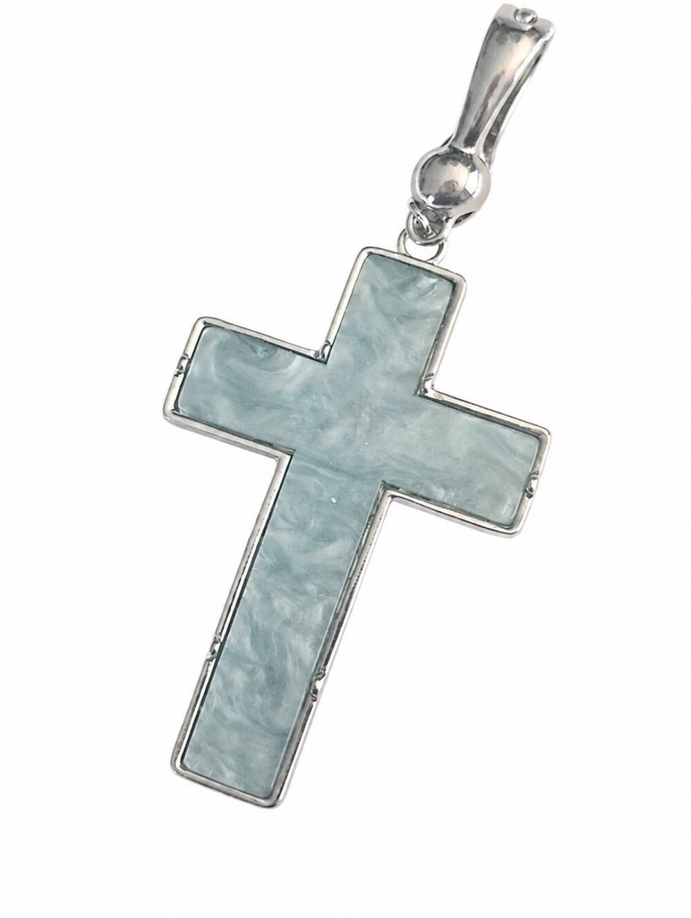 Vintage Roman RMN Cross Pendant Enhancer Aqua Mint Pearlescent Inlay Silver Tone